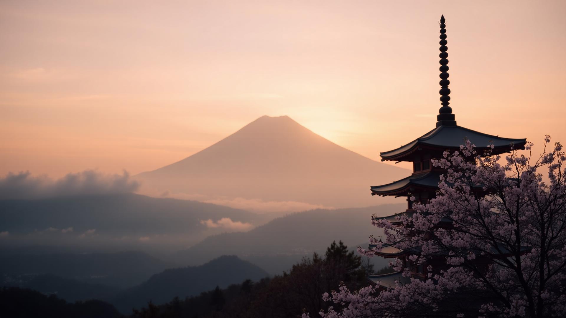 Mount Fuji at dawn behind Chureito Pagoda framed by cherry blossoms